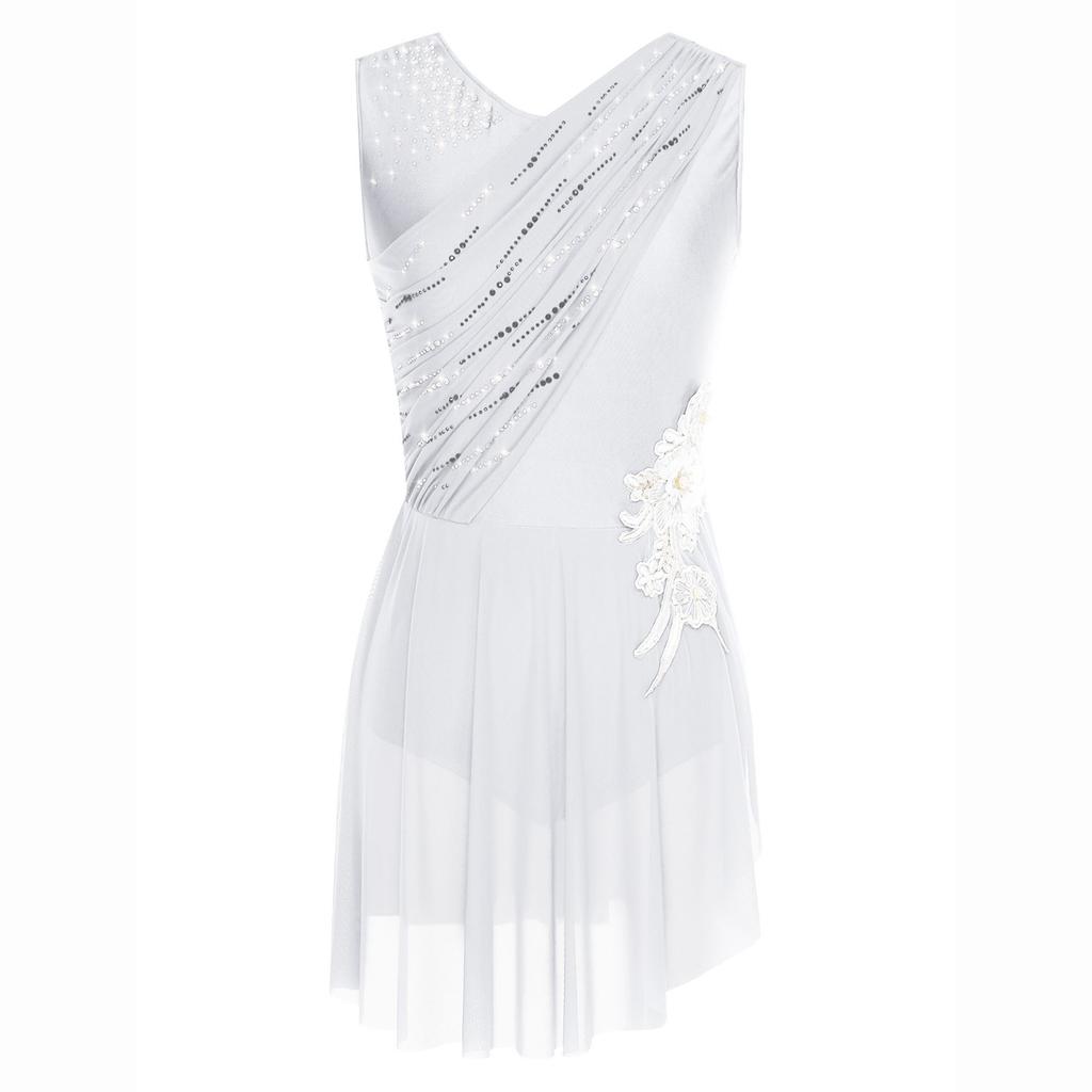 Womens Lyrical Dance Dress Sleeveless Ruched Mesh Overlay Shiny Rhinestones Side Slit Ice Skating Costume