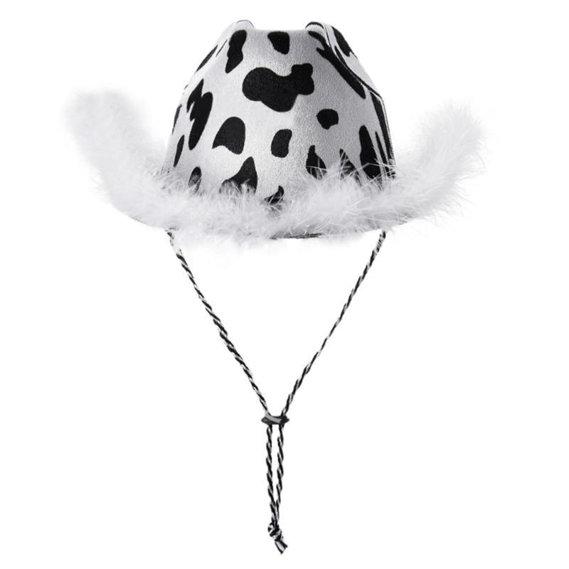 A52E Cow Print Cowgirl Hat With Feathers Performance Cowboy Costume Funny Cowboy Costume Adult Cowboy Hat Carnival Show