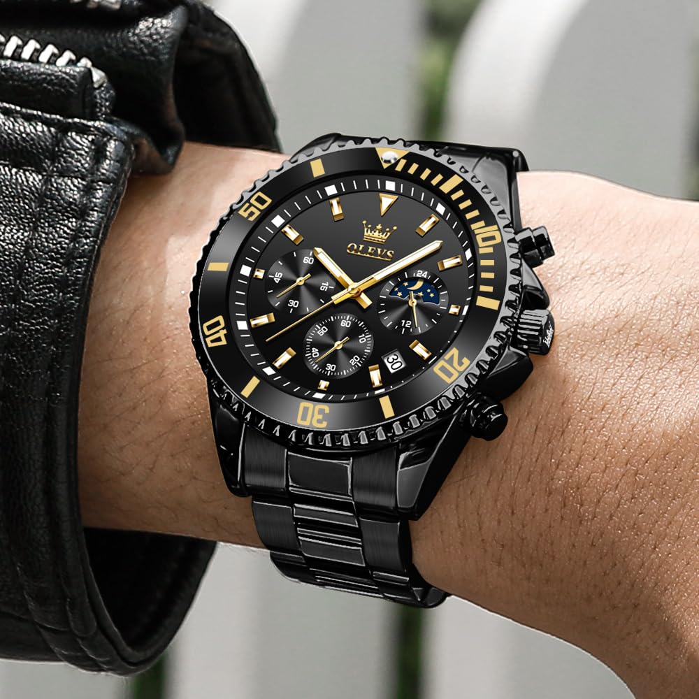 OLEVS Men's Watch Stylish Black Popular Waterproof Quartz Analog Chronograph Stainless Steel Metal Band Simple Easy-to-Read Business Casual Fashion