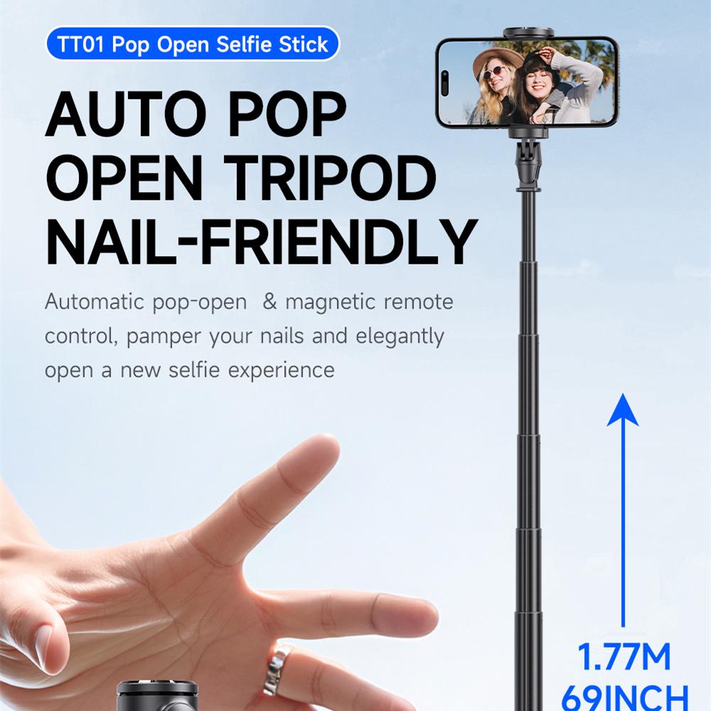Auto Tt01 Pop Up Selfie Stick Tripod Hidden Phone Clip Expandable 52.36" For Mobile Phone With Bluetooth Magnetic Remote