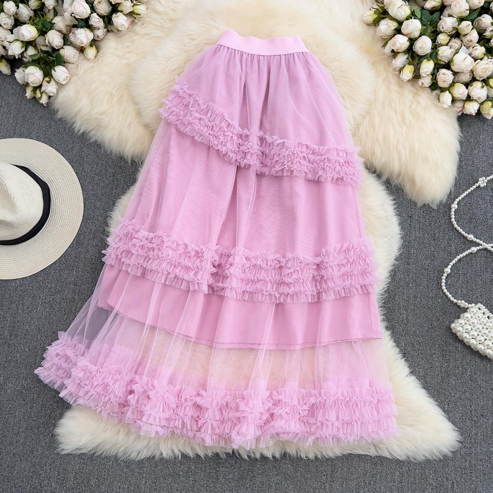 Summer High-Waisted Slim Multi-Layer Ruffled Tutu Skirt Mid-Length Over-The-Knee Elastic Waist Mesh Skirt Women