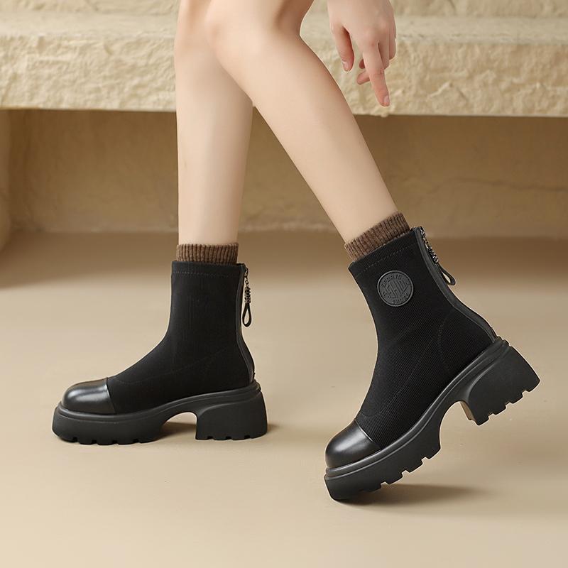 Fashion Aphixta Classic Elegant Round Toe Ankle Boots Women Winter Shoes Back Zip Square Heels Women Boots Black Platform Sock Boots