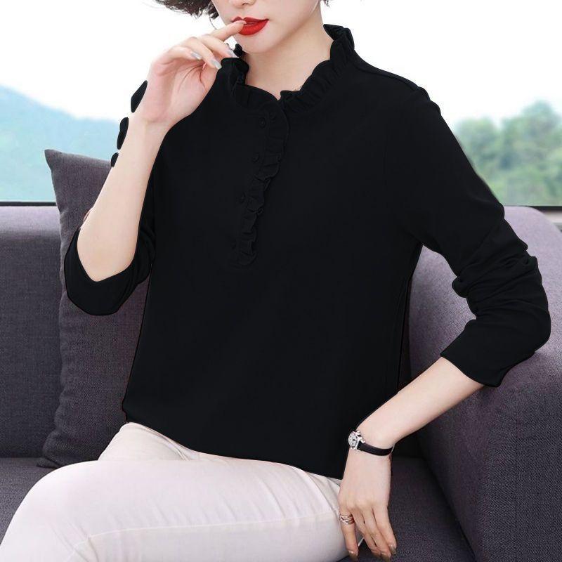Long-sleeved Blouse Spring and Autumn T-shirt Women's Loose Large Size Stand-up Collar Western Style Bottoming Shirt