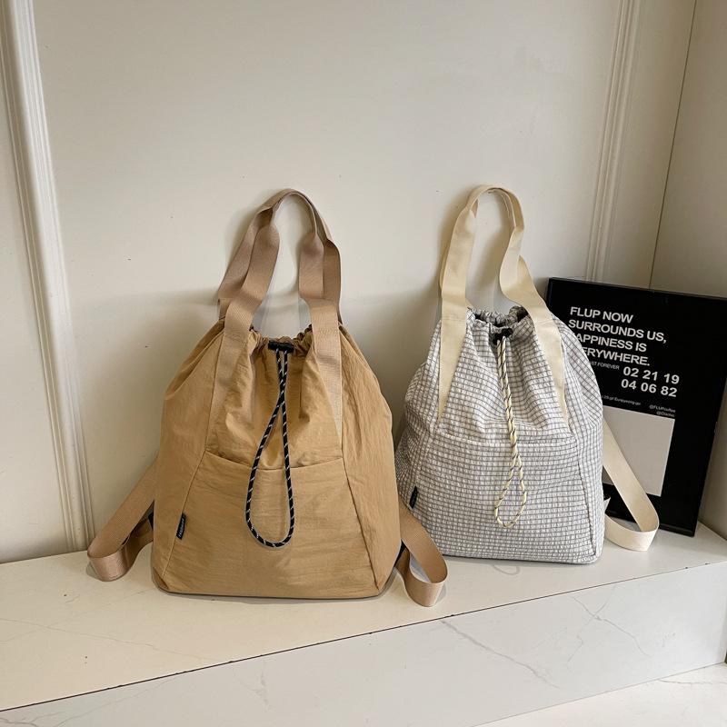 Schoolbag Korean ins Lightweight Nylon Plaid Backpack 1011 New Large Capacity Lazy Wind Versatile Drawstring Tote Bag