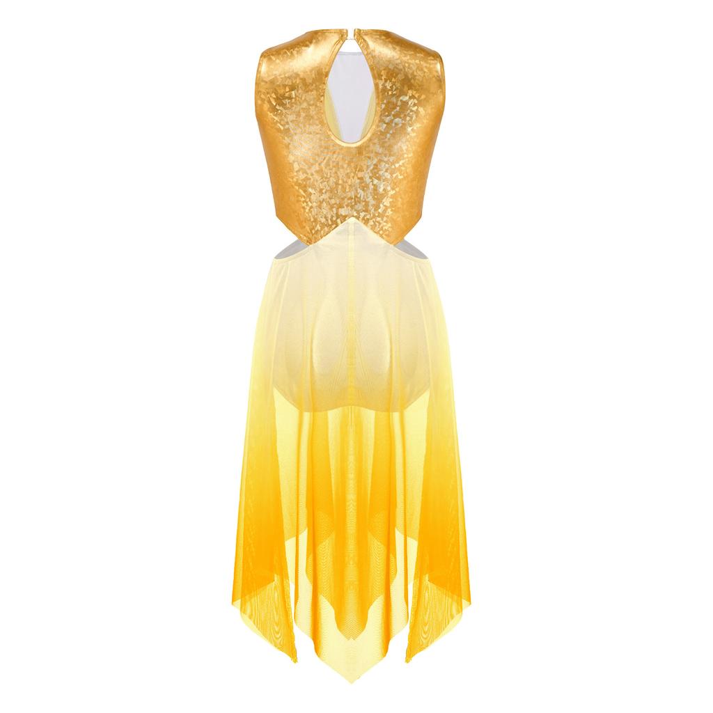 Sleeveless Keyhole Back Dress with Metallic Bodice Cutout Waist Asymmetrical Gradient Mesh for Girls Lyrical Dance Competition