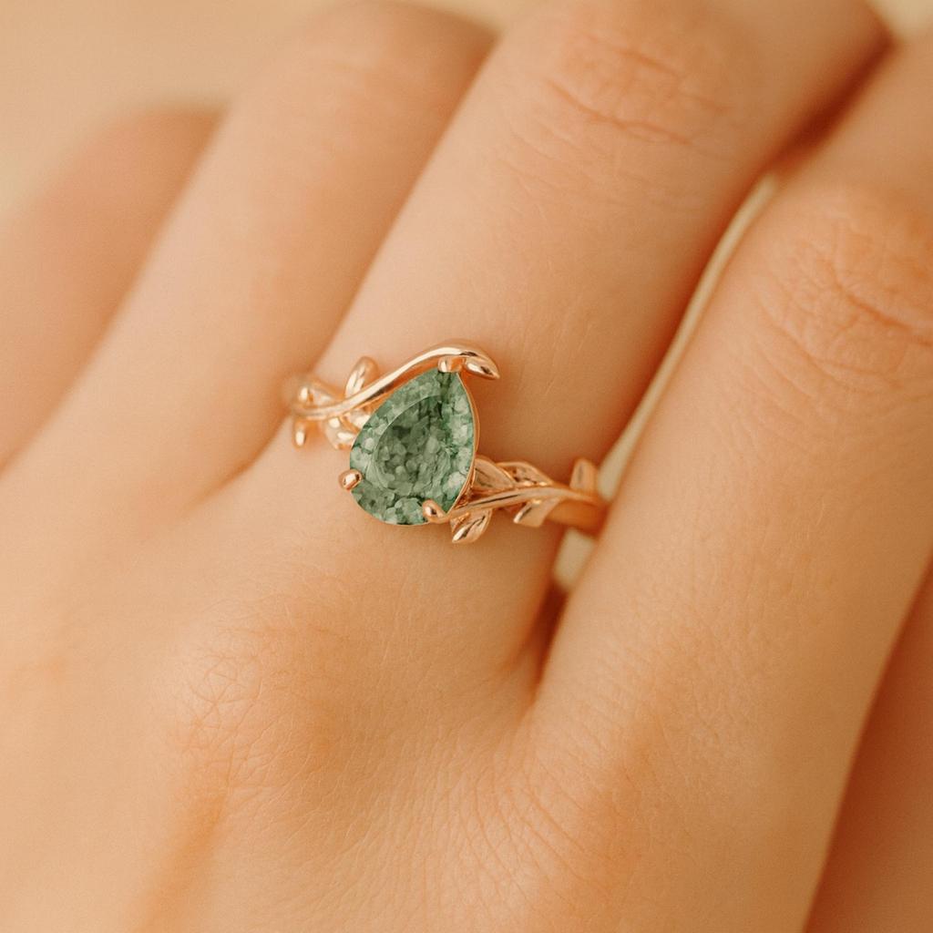 Anello Agata Muschio Pera – Anello Vintage con Fascia Foglia – Anello di Fidanzamento con Pietra Preziosa Verde a Goccia – Gioiello in Argento Sterling 925 Placcato Oro Rosa Regalo