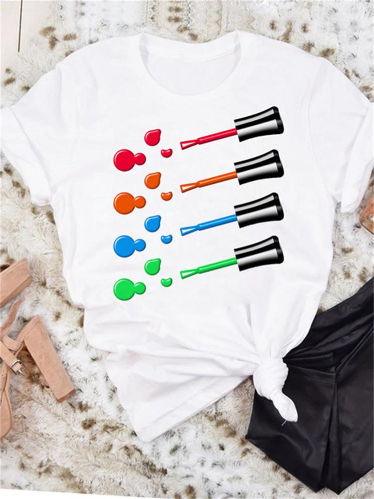 Maycaur New Nail Polishl Women's Fashion Tops 90s Girls Streetwear Casual Short Sleeve T-shirts Women's T-shirts Female Tops Tee