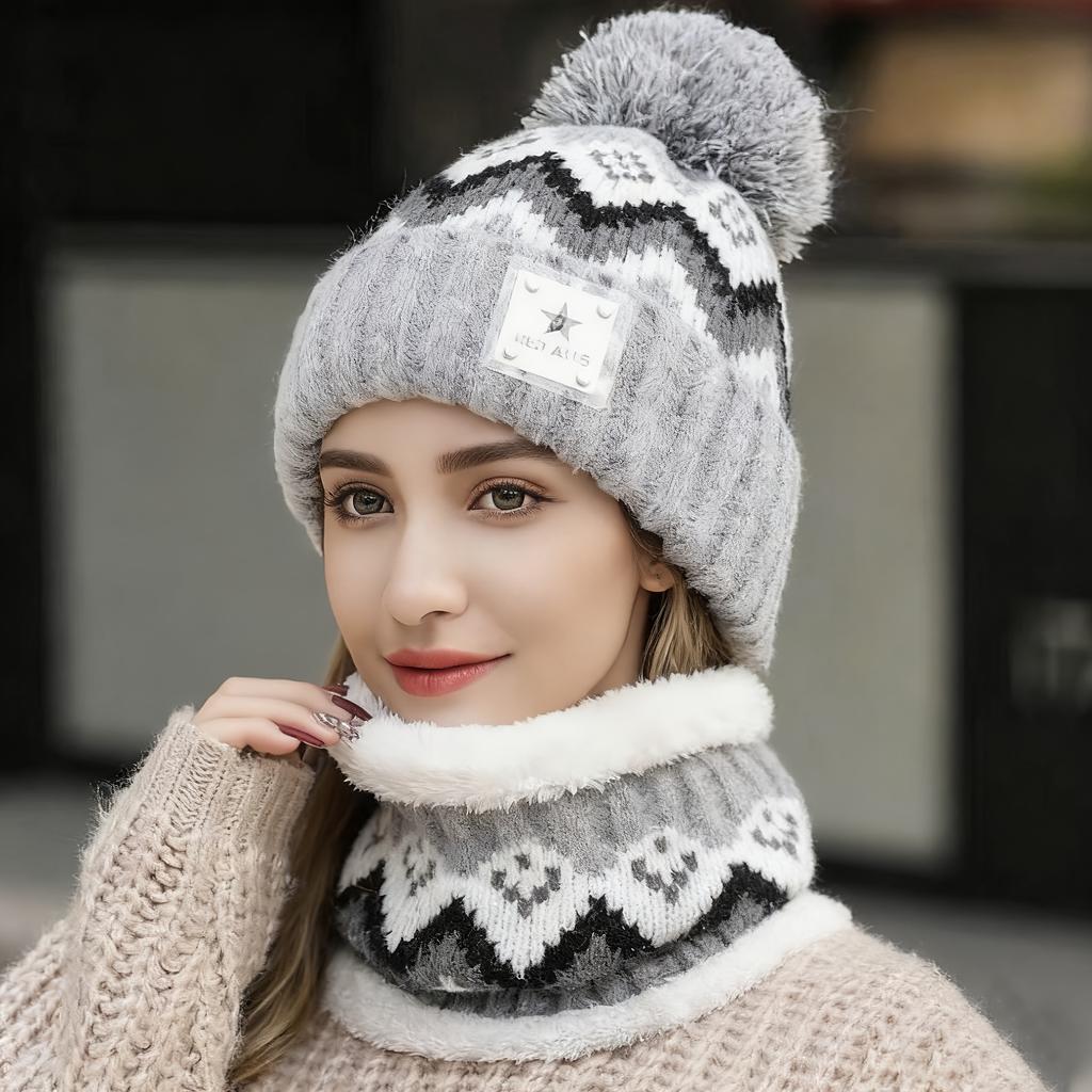 2pcs Winter Women'S Winter Hat and Scarf Set - Star Decoration Pink and White Striped Hat Soft Fleece, Elastic Stretch Fit, Comfortable Fleece Lining
