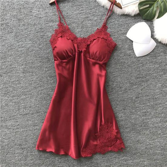 Vestaglia da Notte Sexy da Donna Scollo a V Senza Schiena Senza Maniche Patchwork di Pizzo Imbottiture Rimovibili Raso Tinta Unita Morbida Lunghezza Sopra il Ginocchio Abito da Notte da Donna