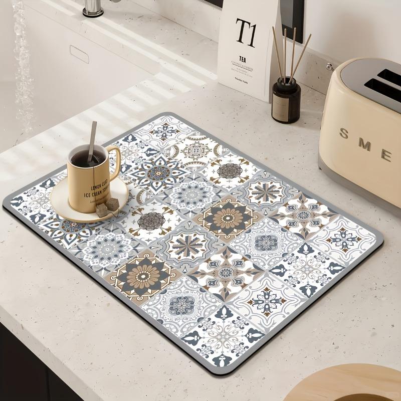 1pc Super Absorbent Dish Drying Mat, Quick Dry Non-Slip Kitchen Sink Mat with Retro Floral Pattern, Waterproof Countertop Pad