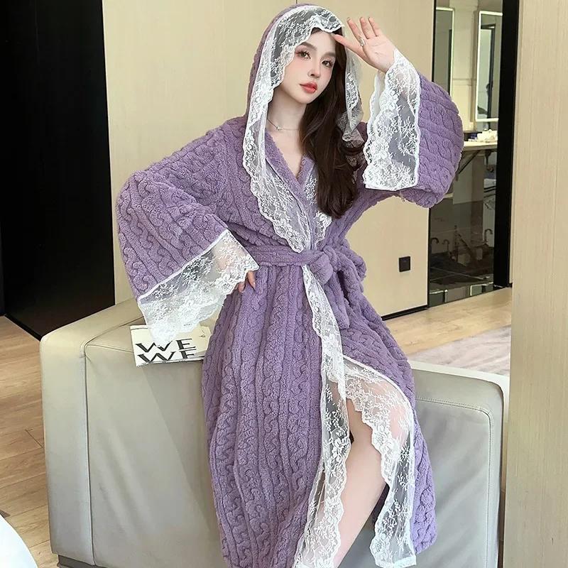 Winter Thickened Long Sleeve Hooded Cardigan Sleepwear Women's Velvet Robe Home Clothes Bathrobe Warm Cozy Nightgown