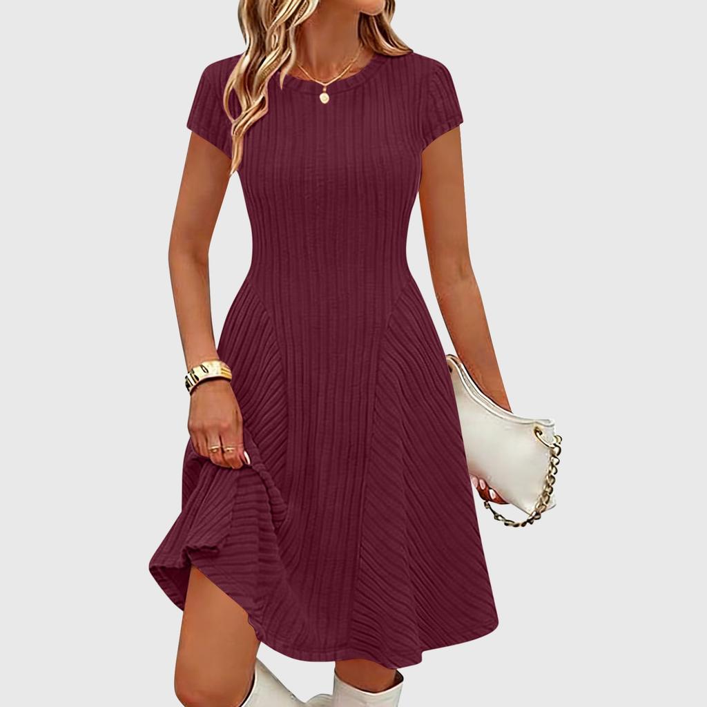 Women's Ribbed Knit Short Sleeve Round Neck Midi Dress Casual Swing Fit a Line Sundress