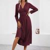 Women's Fashionable Solid Color V-neck Long Sleeved Pleated Long Dress