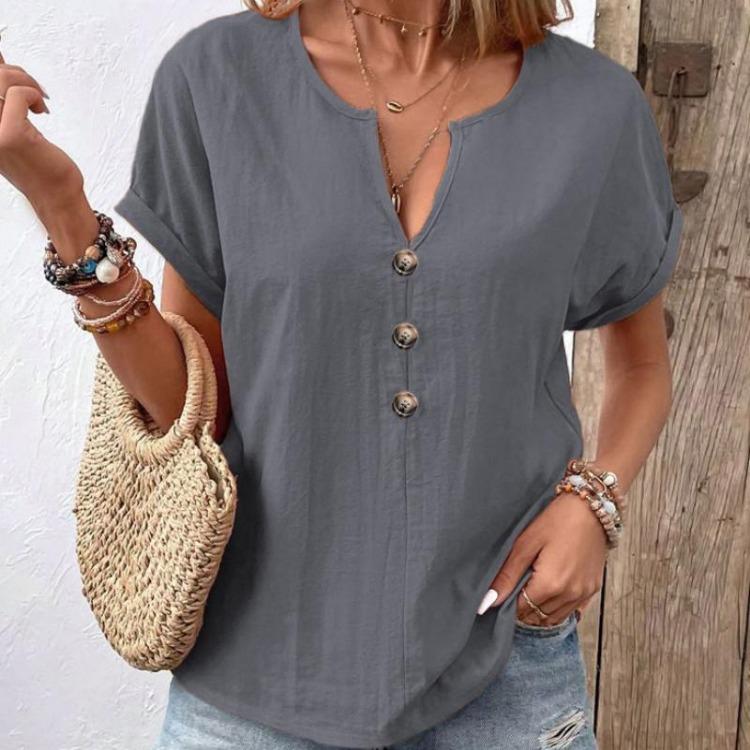 Women's Casual Short Sleeve V Neck Button Down Solid Color Summer Shirt Top