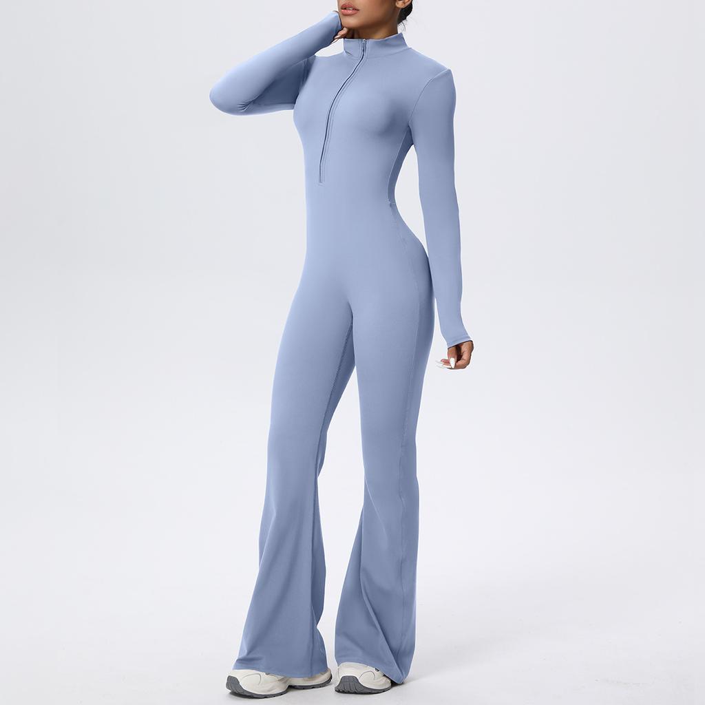 Zipper nude long-sleeved yoga flared pants onesie women's running fitness clothes sports trend onesie tights