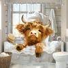 Funny Highland Cow Shower Curtain - Country Western Style Waterproof Fabric with Hooks - Cute Animal Bathroom Decor
