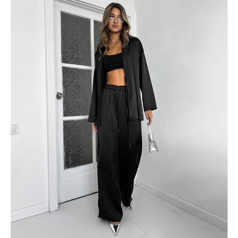 Women V Neck Lace Up Shirt High Waist Straight Pants Casual Two Piece Set