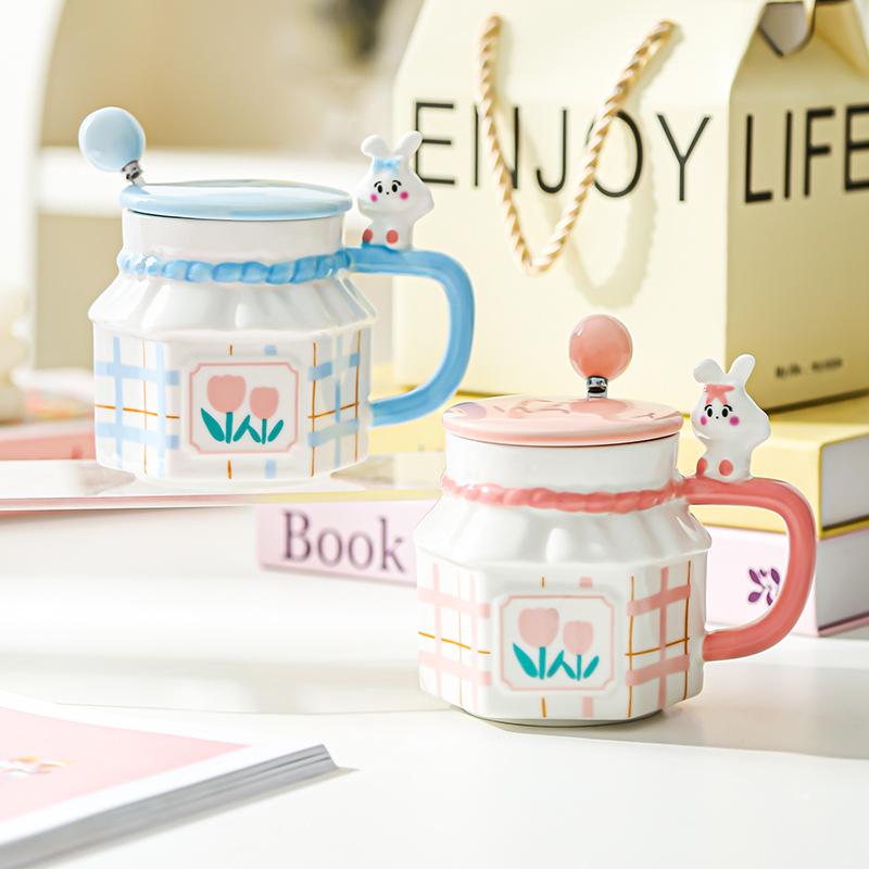 Tulip Rabbit Flower Couple Mug Creative High Value Home Office Ceramic Cup Coffee Cup with Lid
