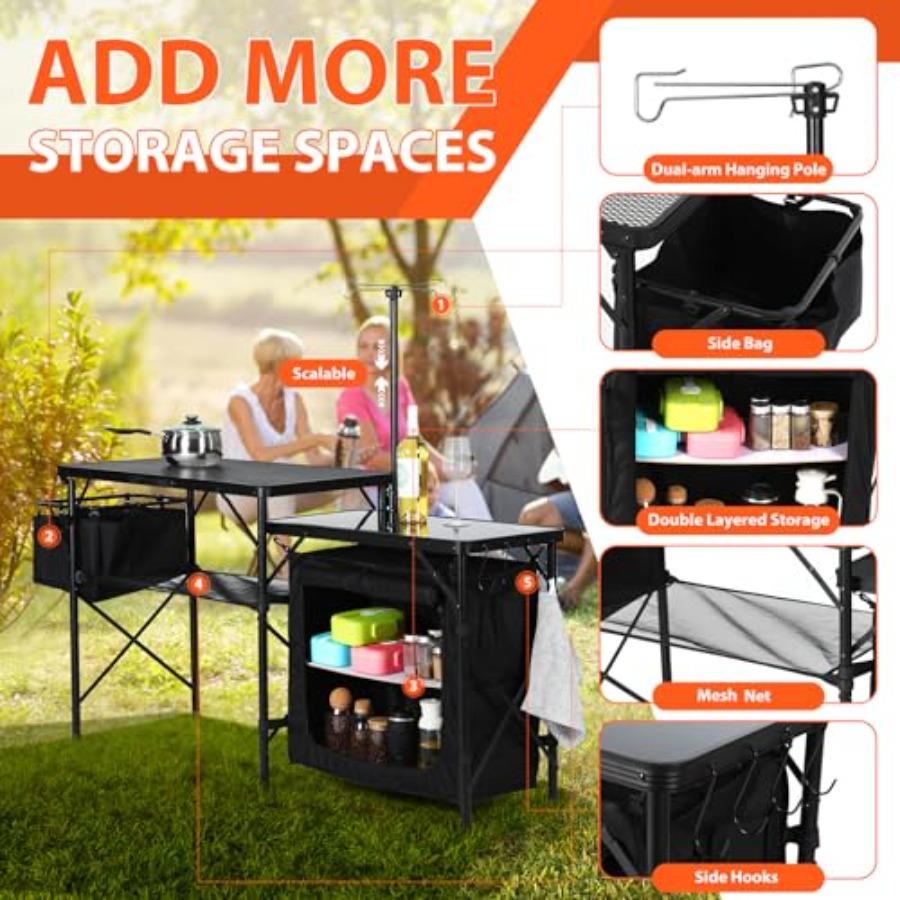 Camping Kitchen Table Portable Folding Camp Cook Station with Light Poles Storage Organizer Side Bag Side Hooks for Outdoor Pic