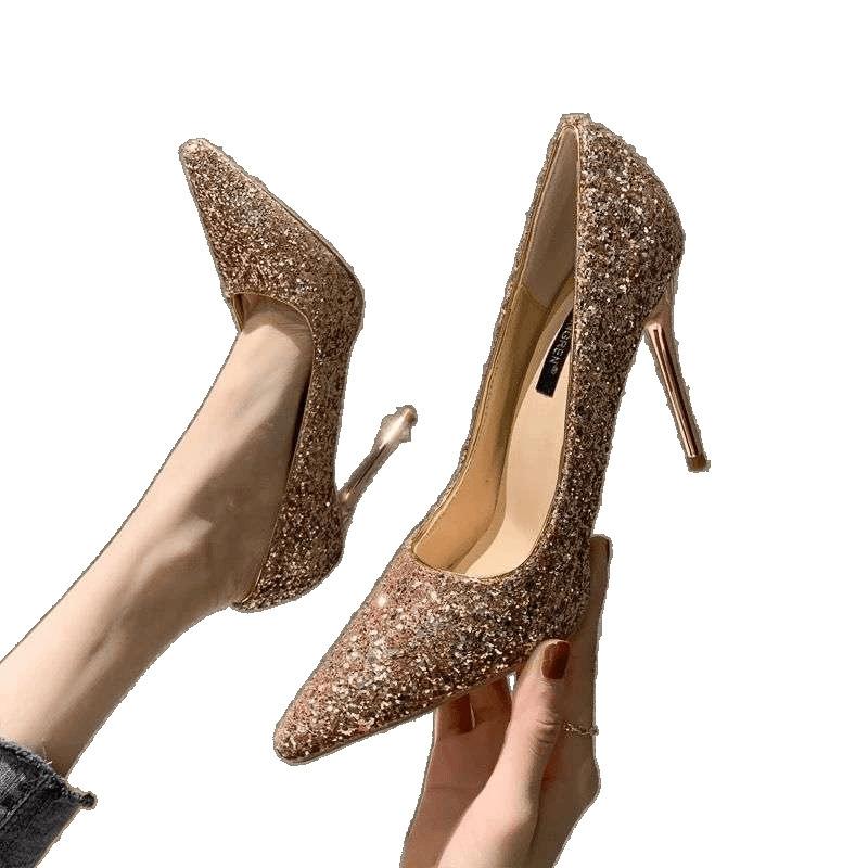Shoes 2025 New Women's Spring and Summer Versatile Sequins Show Clothes Chinese Wedding Shoes Bridal Shoes High Heels Women's Stiletto
