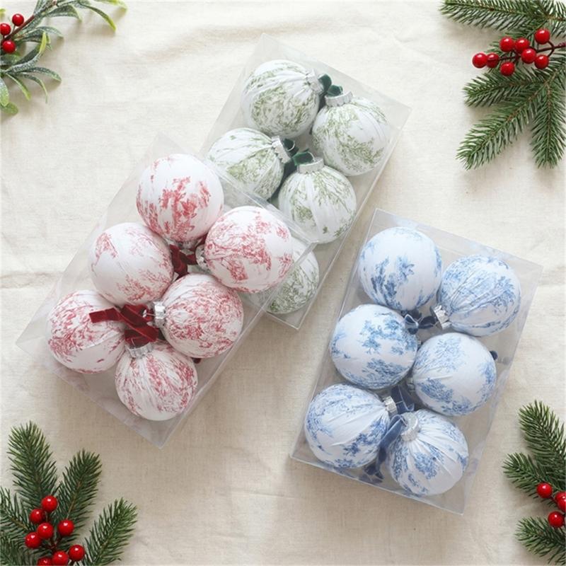 Indoor Christmas Trim Set of 6 with Fabric Finish and Ribbon Detail for Tree Use, Entry Tables, and Room Styling