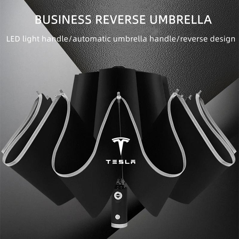 RETG9 Fully Automatic UV Umbrella With LED Flashlight Reflective Stripe Reverse Umbrella For teslas model 3 model X Y S