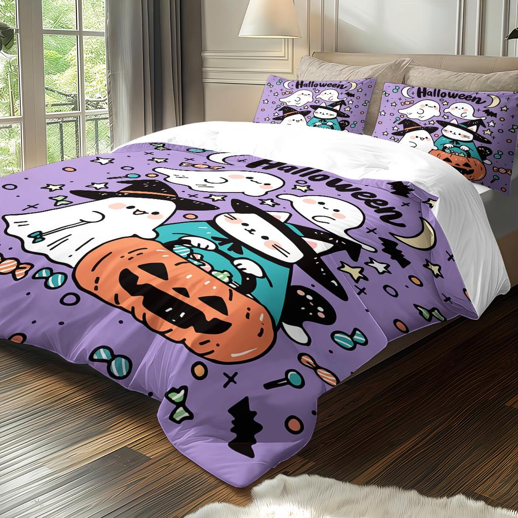 3-piece Halloween themed purple cute ghost pumpkin pattern duvet cover set 1 duvet cover+2 pillowcases coreless