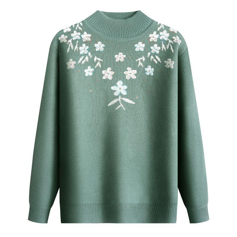 Mom's Autumn Winter Plus Velvet Sweater Women Middle-aged Thick Pullover Half Turtle Neck Warm Bottom Shirt Loose