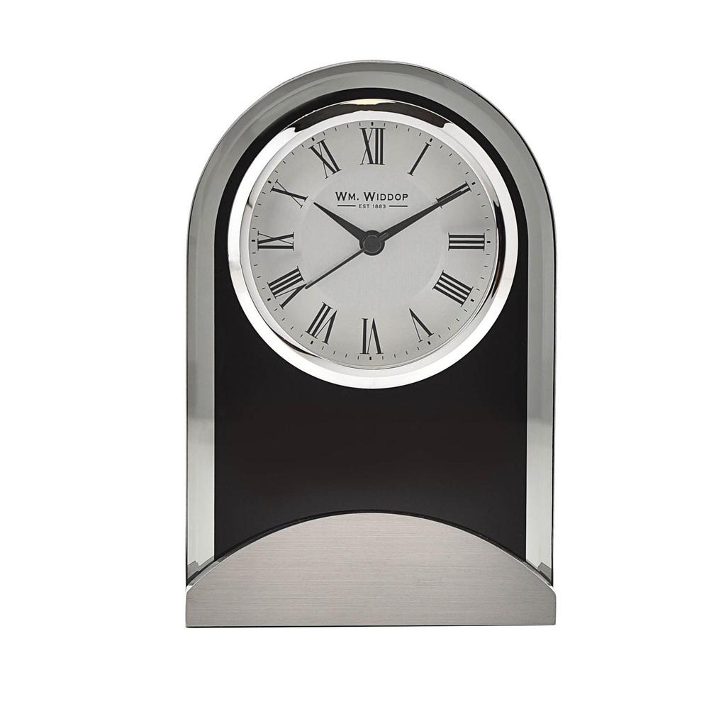 Wm.Widdop Black Glass Panel Aluminium Base Mantel Clock