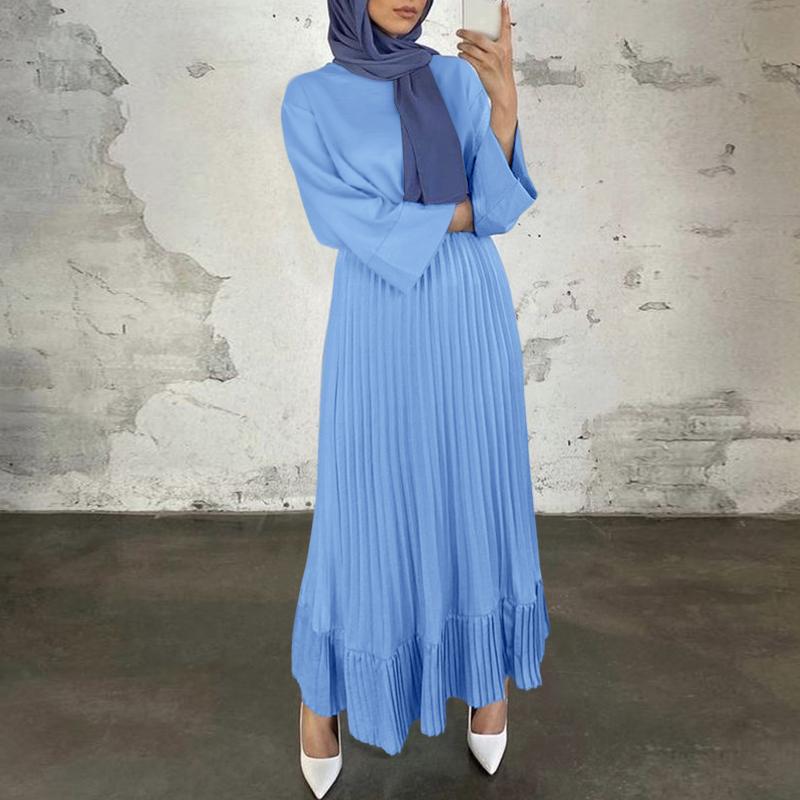 

ZANZEA Женское повседневное платье с круглым вырезом и длинным рукавом, свободное, плиссированное XL синий