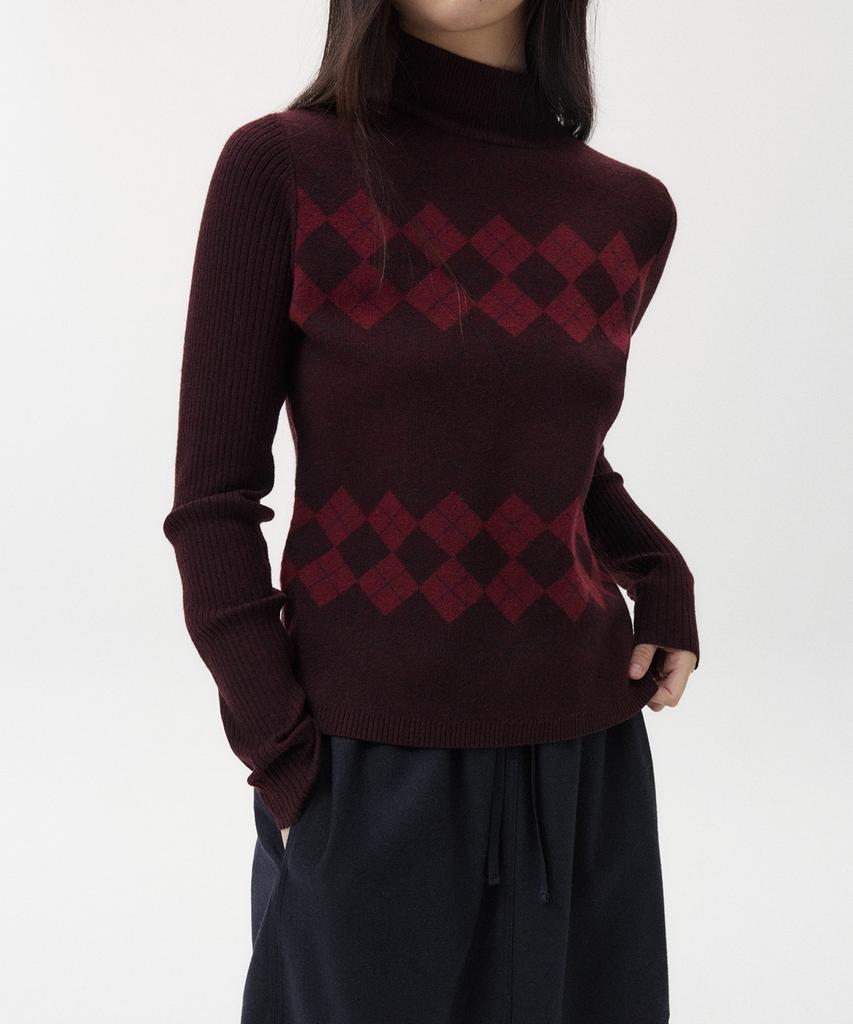 Ohesio Argyle Half Neck Ribbed Knit, Burgundy