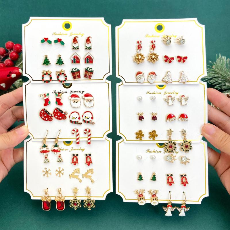 Christmas Earrings Set Colorful Santa Reindeer Snowman Drop Resin Designs Festive Holiday Gift Card Package Accessories
