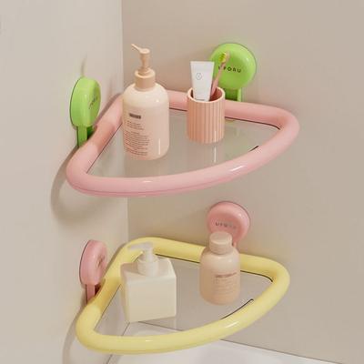 Plastic Suction Cup Triangle Shelf Dopamine Color Wall Mounted Shower Organizer Drainable Punch Free Corner Storage Shelf