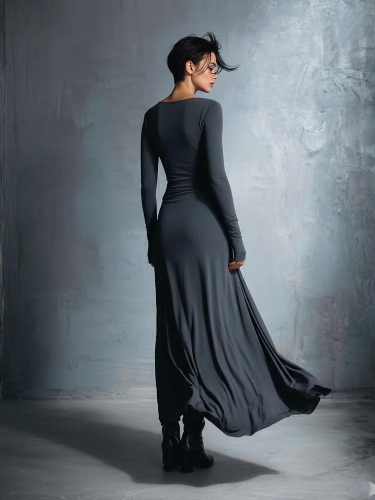 Autumn 2025 European & American One-Shoulder Twist Waist Maxi A-line Dress