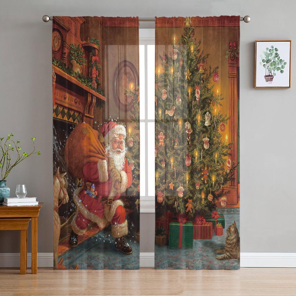 Merry Christmas Santa Claus Red Sheer Curtains for Living Room Modern Voile Curtain Bedroom Tulle Curtains Window Drapes Decor
