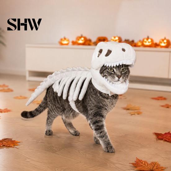 Costume Scheletro Dinosauro Tridimensionale per Animali Domestici, Abbigliamento 3D Luminescente al Buio, Cappello Morbido Peluche di Dinosauro per Cani Gatti di Halloween, Cosplay Festività