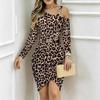 Women Plus Size Asymmetric Cold Shoulder Long Sleeve Dark Gold Leopard Print Irregular Wrap Bodycon Midi Dress