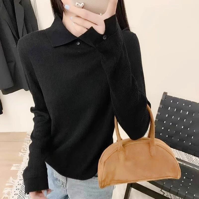 Grey Wool Knit Sweater with Lapel - Skin-friendly, Temperament-enhancing, Age-defying Women's Base Layer for Autumn and Winter