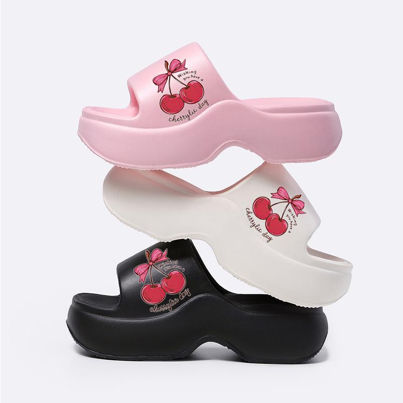 Sweet Cherry Print Thick Bottom Eva Outdoor Slippers Women 2025 Summer High Heel Slides Non Slip Soft Sole Slippers