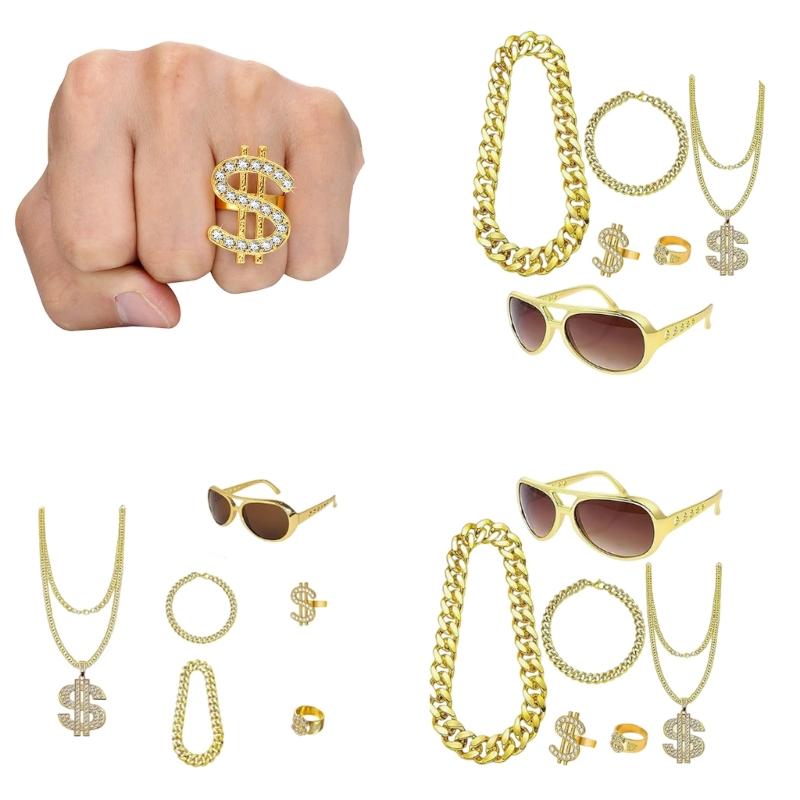 Fashionable 6PCS Dollar Sign Necklace and Rings Set Rapper Jewelry Set Perfect for Street Style and Music Festivals