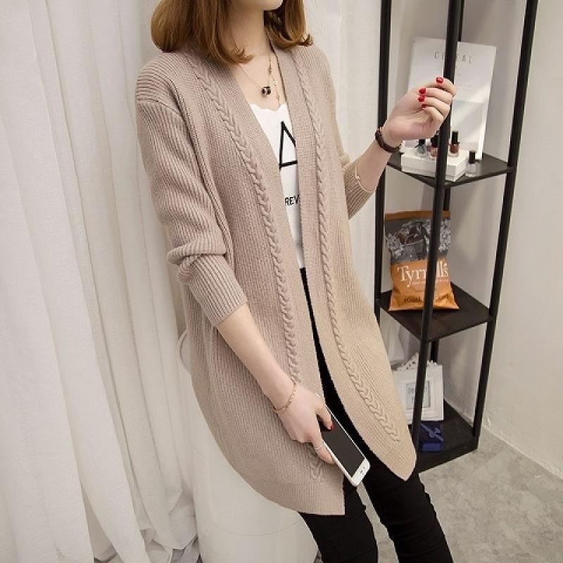 

Autumn and winter medium and long knitted cardigan loose and thin simple buckle-free long-sleeved twist sweater for women Average size 53-123 хакі