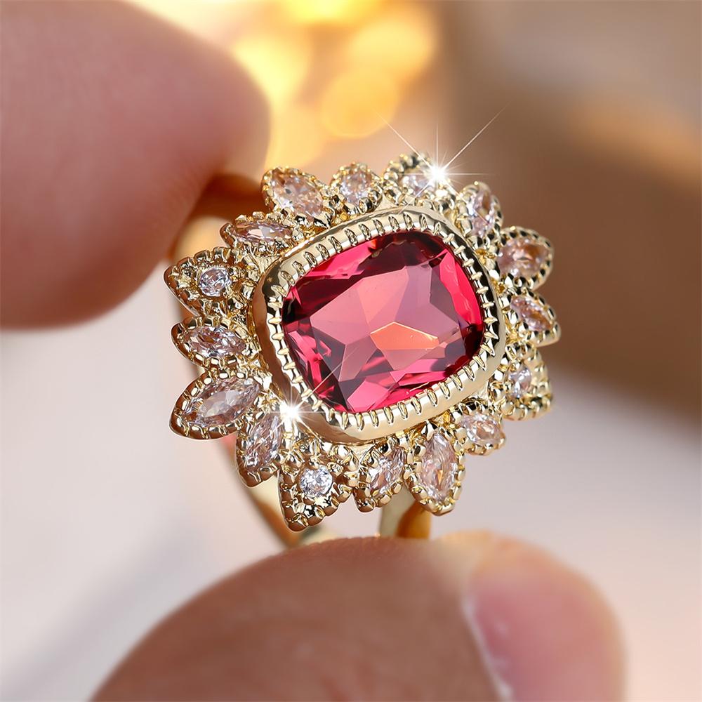 Red Crystal Square Stone Cute Flower Rings For Women Vintage Gold Color Engagement Bands Wedding Jewelry Bridal Birthday Gifts