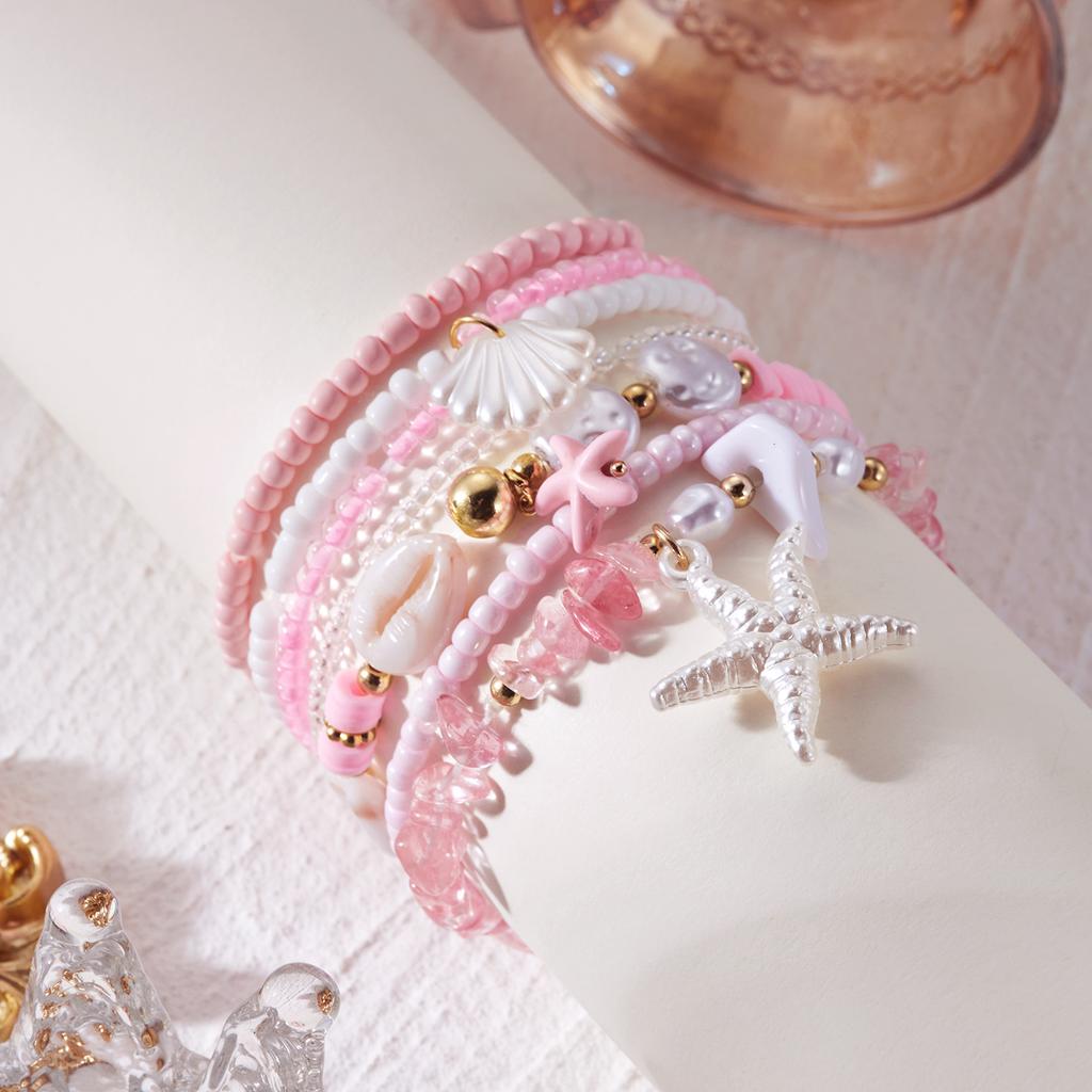 6Pcs Cute Bowknot Heart Bracelet Set For Women Pink Acrylic Beads Imitation Pearl Elastic Bangles Party Daily Sweet Jewelry