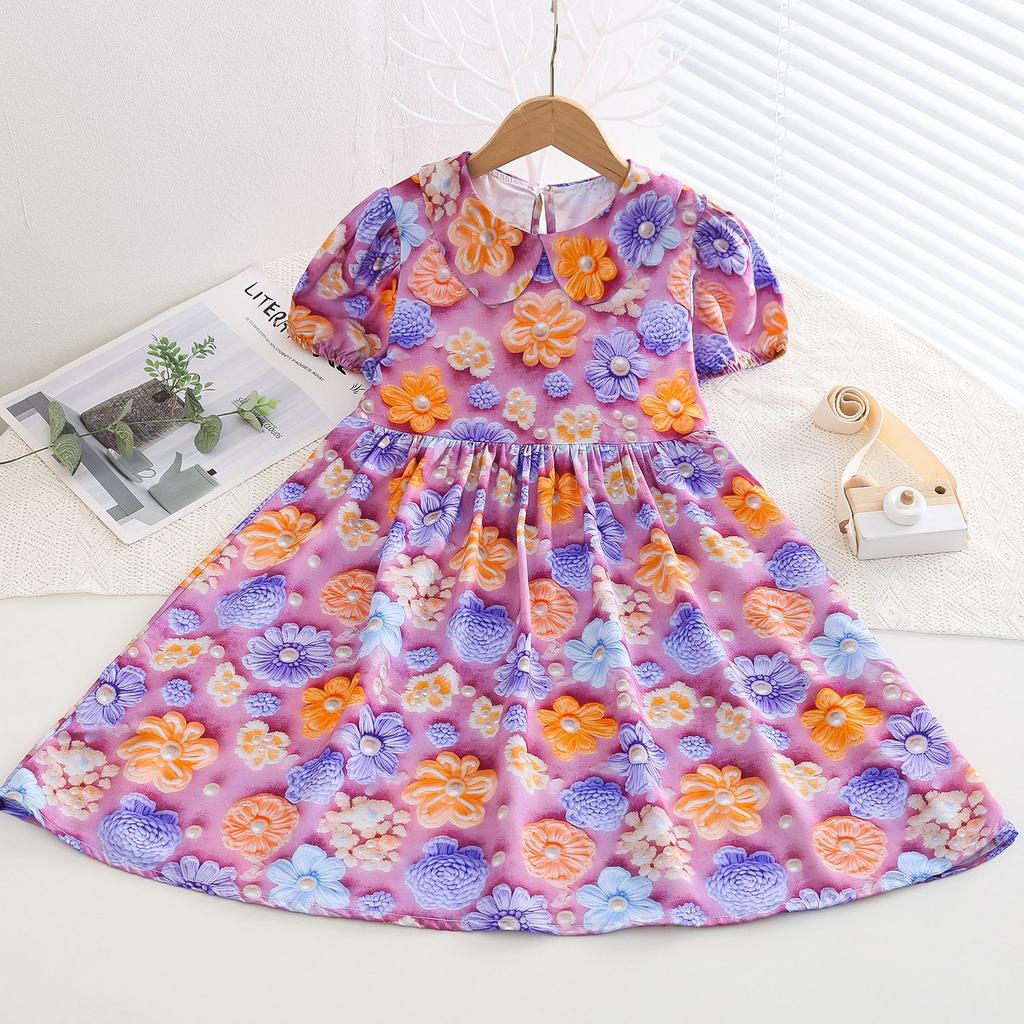 Resort Style Children's Clothing Summer Style Children's Cotton Silk Doll Collar Princess Dress Girls Artificial Cotton Floral Dress