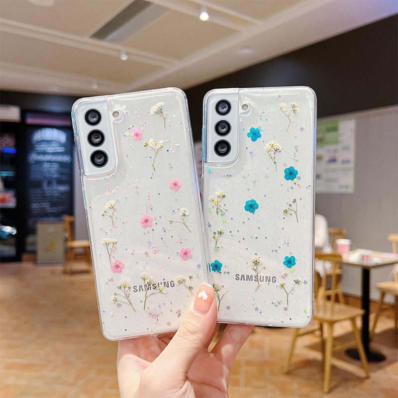 For Samsung S25ultra Flower Phone Case S24Plus Glitter Pink Sequin A16 Transparent A35 Real Flower Niche