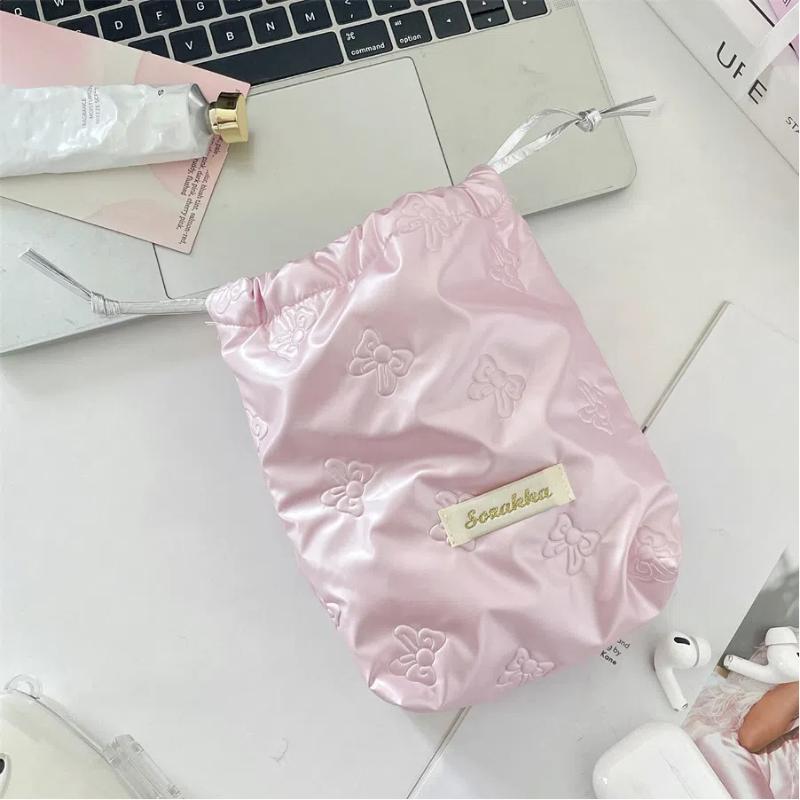 Sweet Fashion Drawstring Cosmetic Bag Solid Color Love Heart Bow Pattern Organizer Candy Color Portable Travel Makeup Case 1 розовый
