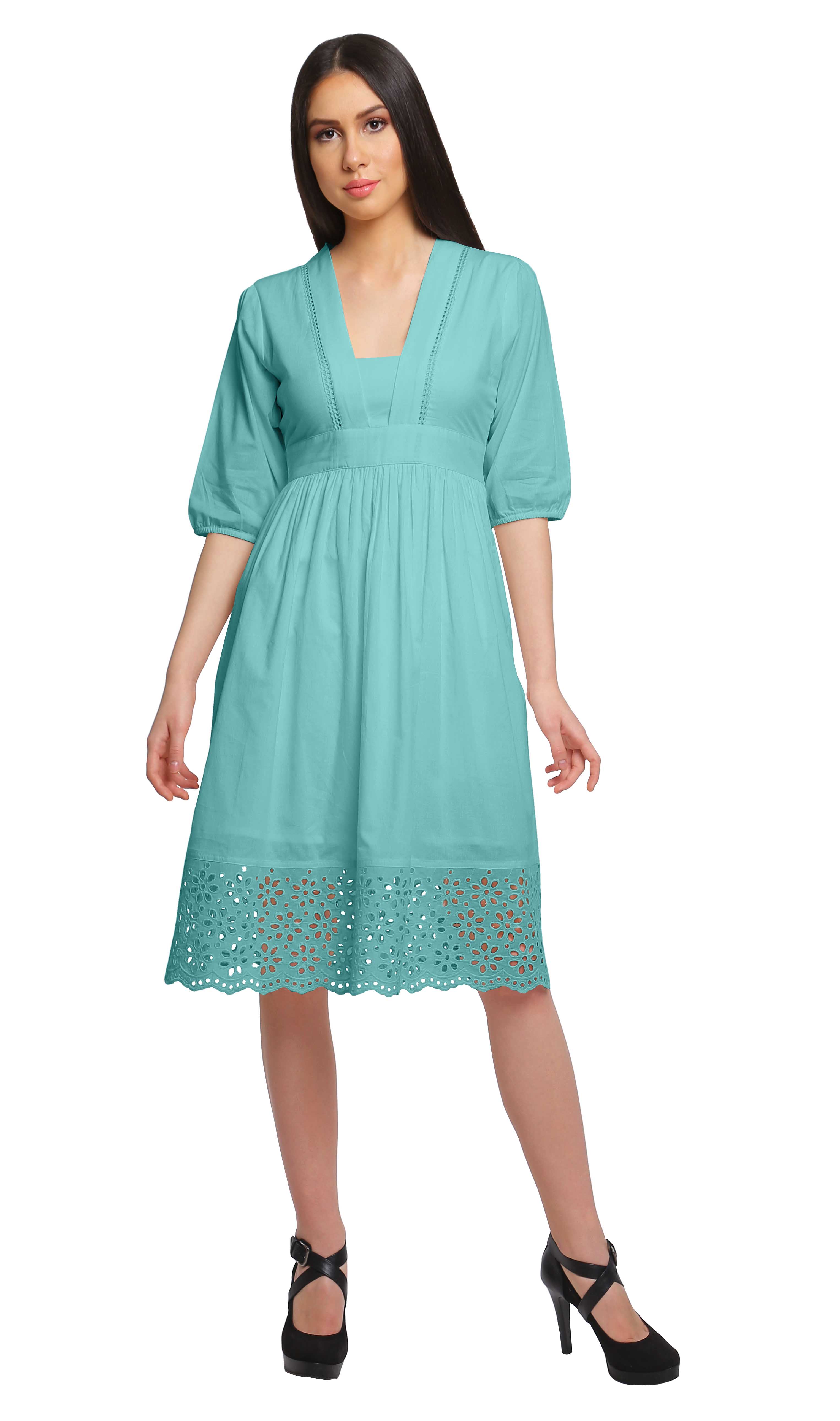 

Жіноча однотонна сукня міді Moomaya, деталі з мережива, літній одяг XS бірюзовий колір синій