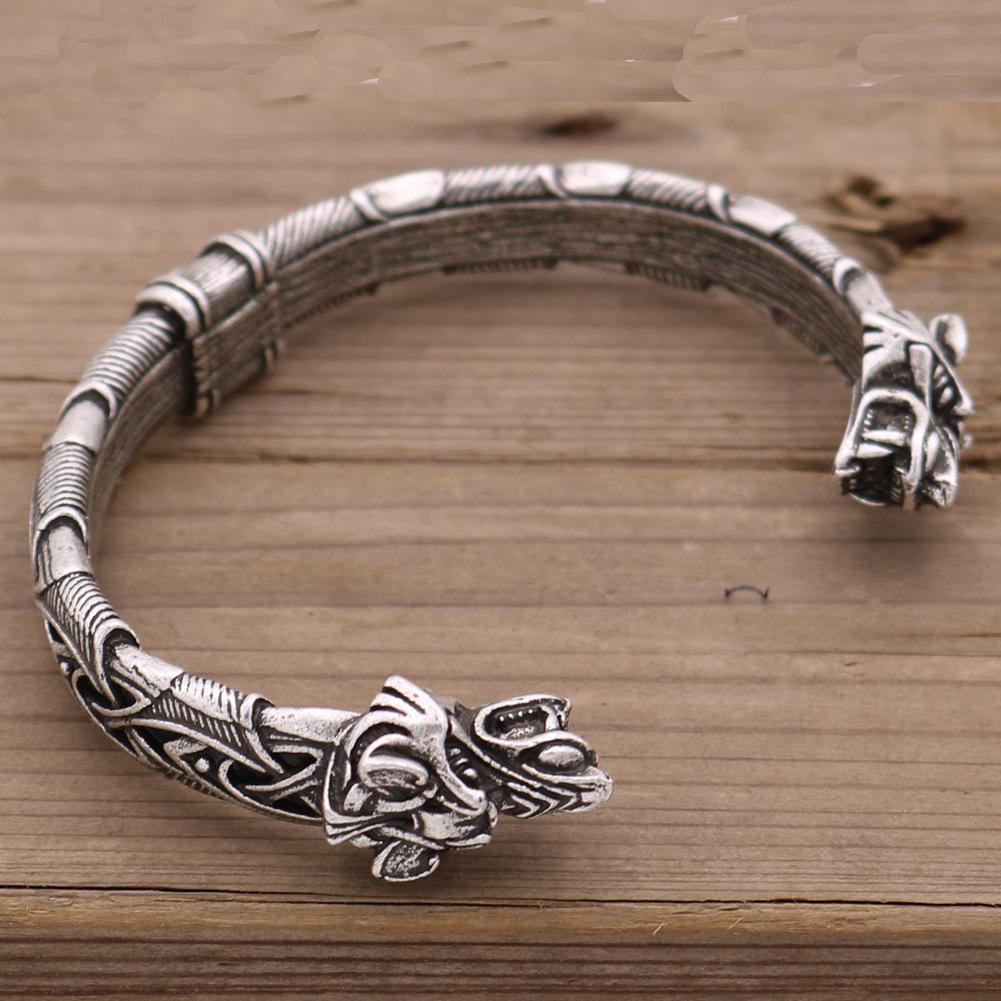 Mythical Pirate Viking Open Cuff Bracelet With Wolf Head Vintage Jewelry