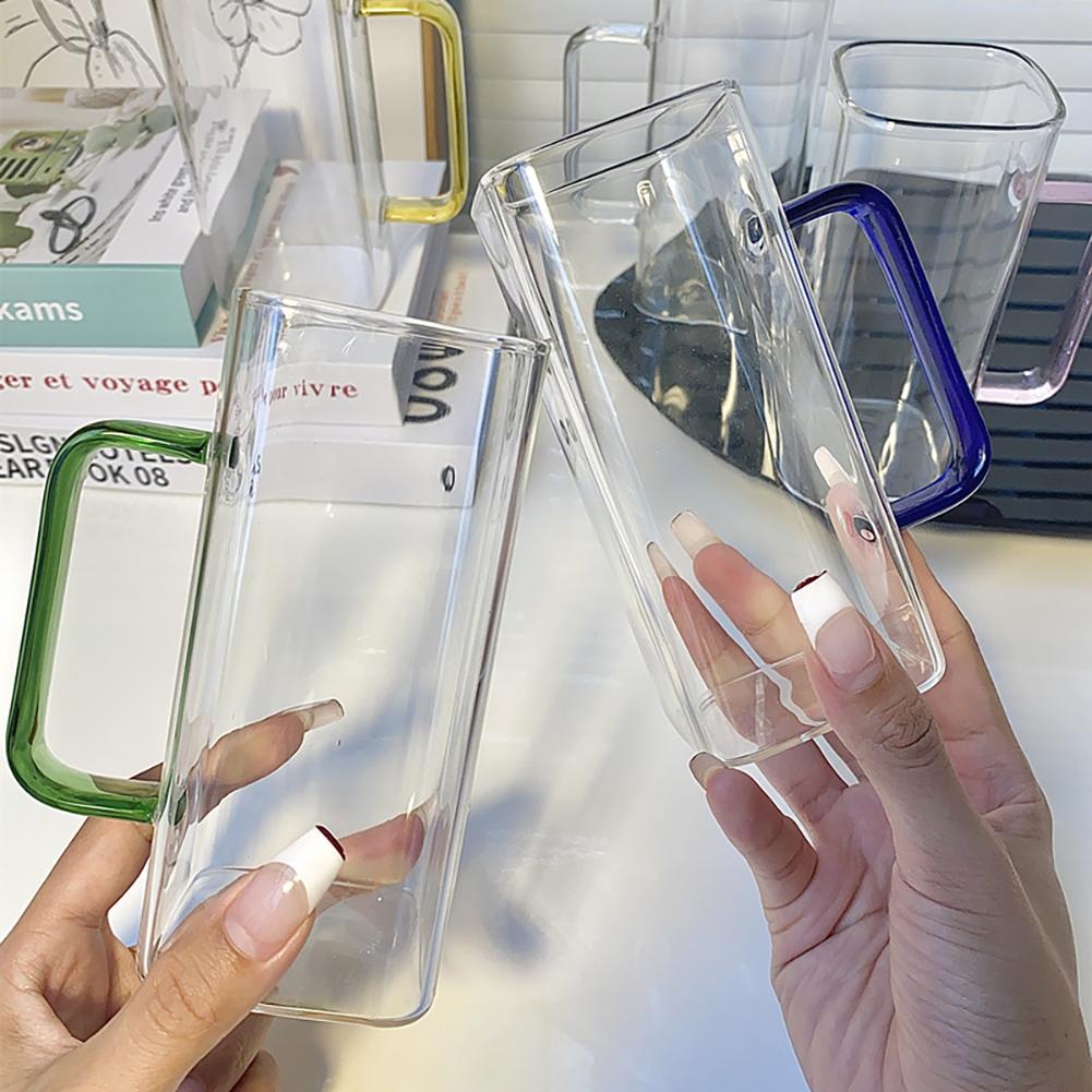 Square Borosilicate Glass Cup with Handle Bamboo Lid and Straw Clear Drinking Glass for Home Office Gift Glass Water Cup