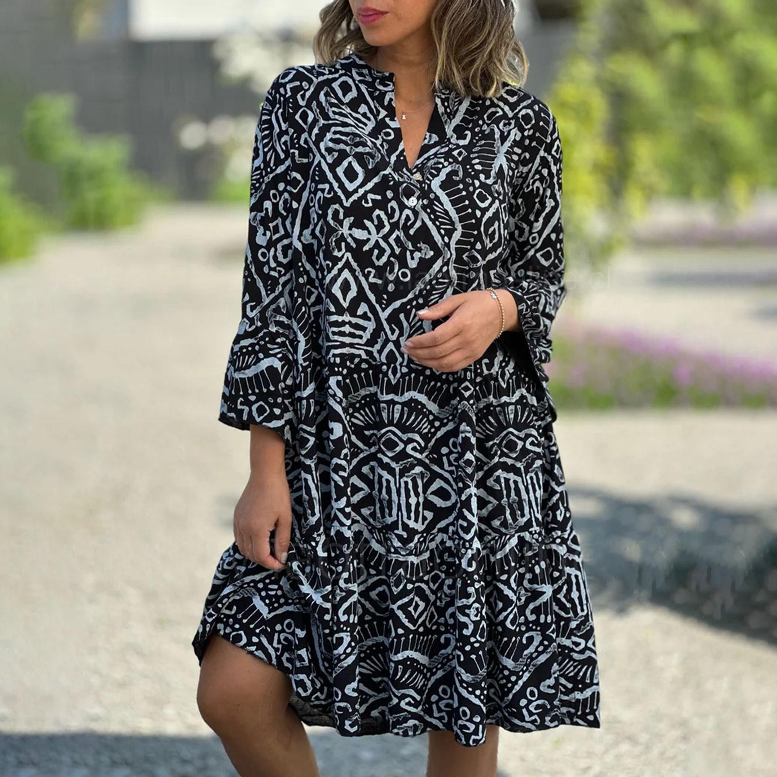 Women s Fashion Button V-neck Speaker 3/4 Sleeve Printed Patchwork Cake Dress M чёрный